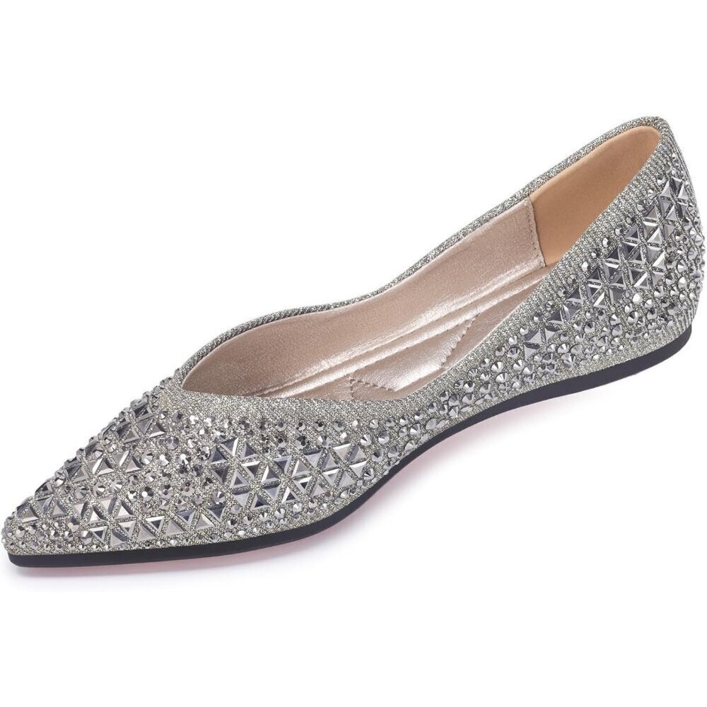 Women's Silver Rhinestones Flats Pointed Toe Ballet Dress Shoes Comfort